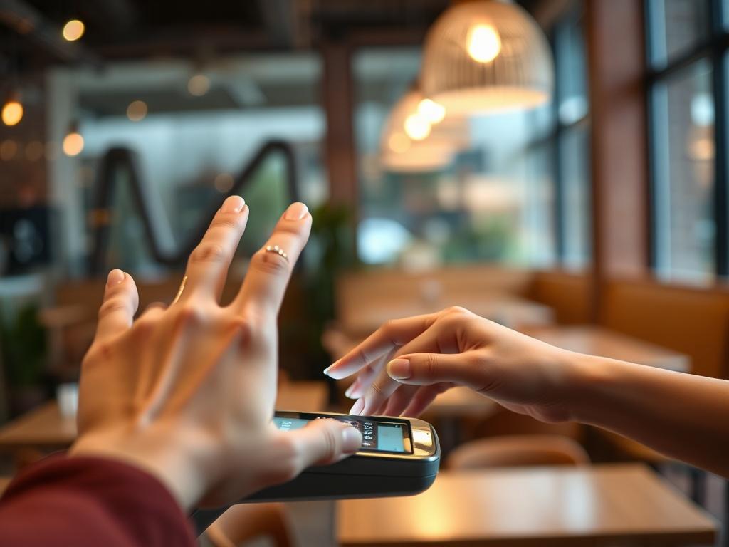 **Prompt for AI Image Generator:**

Create a realistic high-resolution photo of a modern digital payment scene. The main subject should be a woman's hand reaching out to a sleek, futuristic payment terminal, with her fingers gently tapping the screen. Focus on the details of the hand, showcasing a well-manicured appearance and wearing a simple, elegant ring. In the background, include a subtle blur of a stylish, contemporary cafe setting with softly lit pendant lights and wooden tables to convey a warm and 