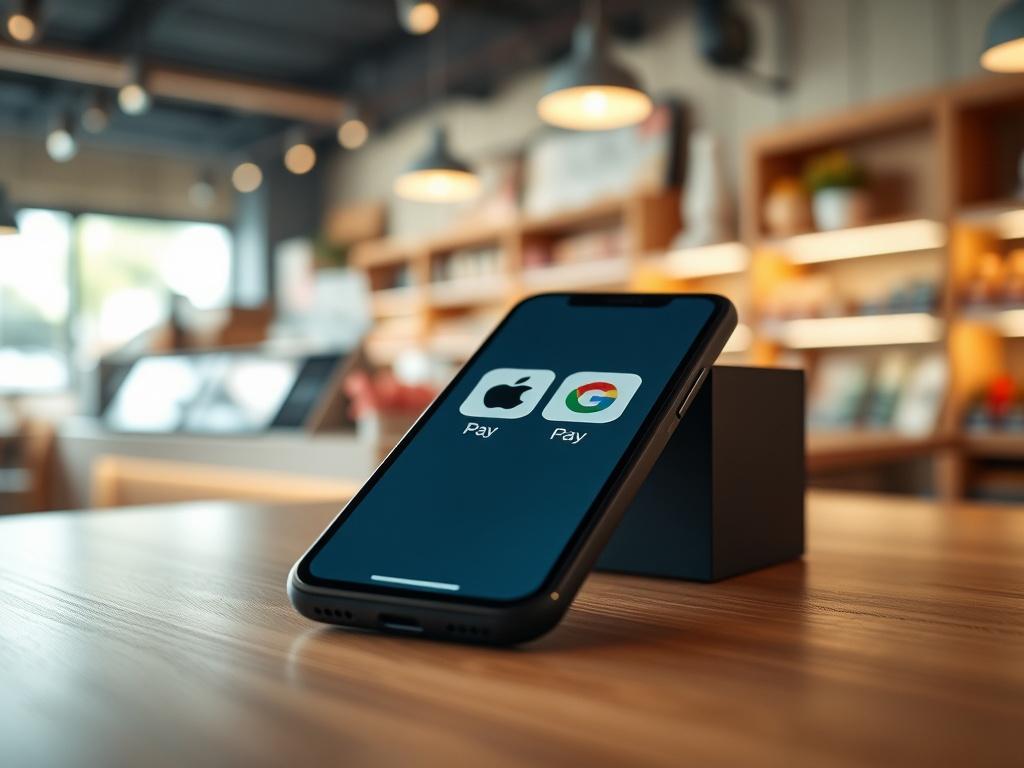 Create a realistic high-resolution image centered on a close-up of a smartphone displaying the Apple Pay and Google Pay apps open on the screen. The phone should rest on a sleek wooden counter in a vibrant retail environment, conveying a modern and tech-savvy ambiance. The smartphone screen should clearly show recognizable icons of Apple Pay and Google Pay, emphasizing their accessibility and user-friendly interface. 

The background should feature blurred but inviting elements of a bustling store, such as 