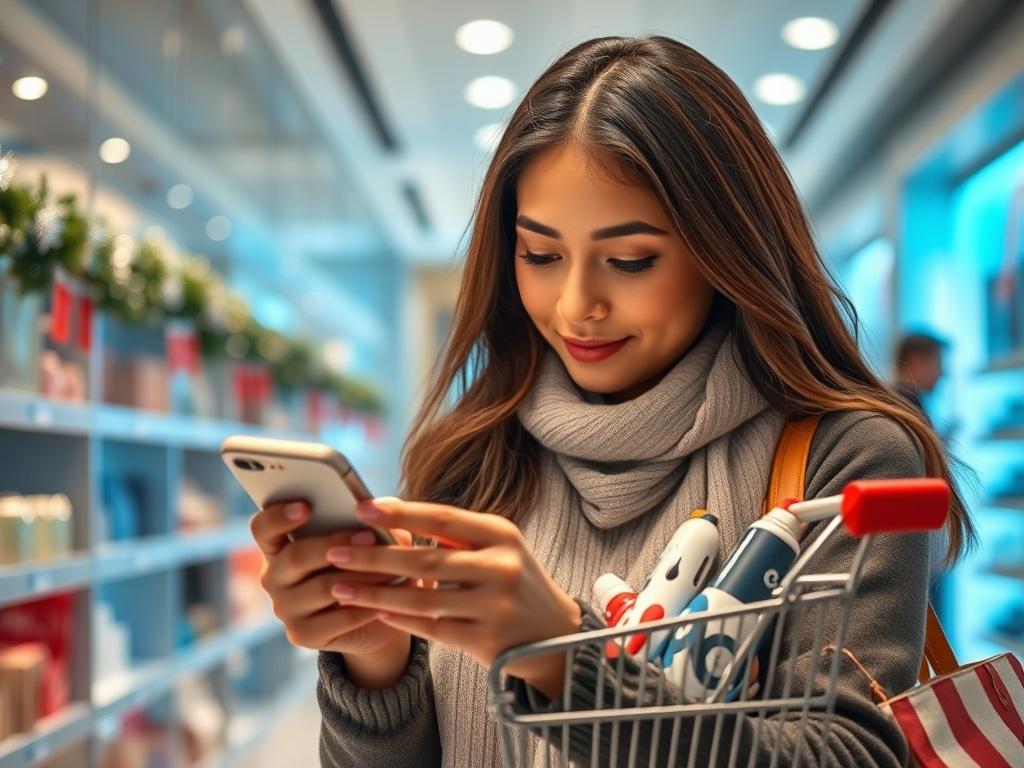 **AI Image Generation Prompt:**

Create a realistic high-resolution photo that embodies the theme "Cyber Week Shopping Trends." The composition should be simple and clear, featuring a solo shopper in the center of the image. The subject, a mid-30s diverse female consumer with a focused expression, is examining her smartphone, showcasing a shopping app that indicates discounts and offers.

The background should depict a modern, well-lit retail environment. Soft holiday decorations subtly adorn the shelves be