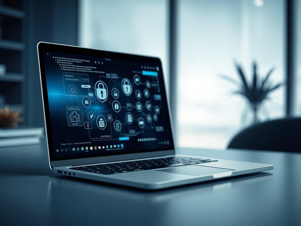 A realistic high-resolution photo featuring a modern, sleek laptop on a cool-toned desk with shades of rich blues and soft grays. The laptop screen displays a digital interface with various icons representing data and security. The background is softly blurred to emphasize the laptop, creating a professional and secure atmosphere.