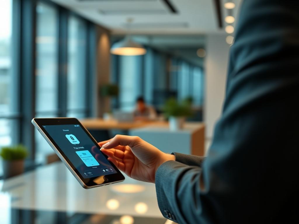 A high-resolution close-up shot of a business professional using a modern tablet to process a payment in a sleek office environment. The tablet displays a secure payment interface, with a focus on the screen. The background features a contemporary office setting with soft lighting, emphasizing a professional atmosphere.