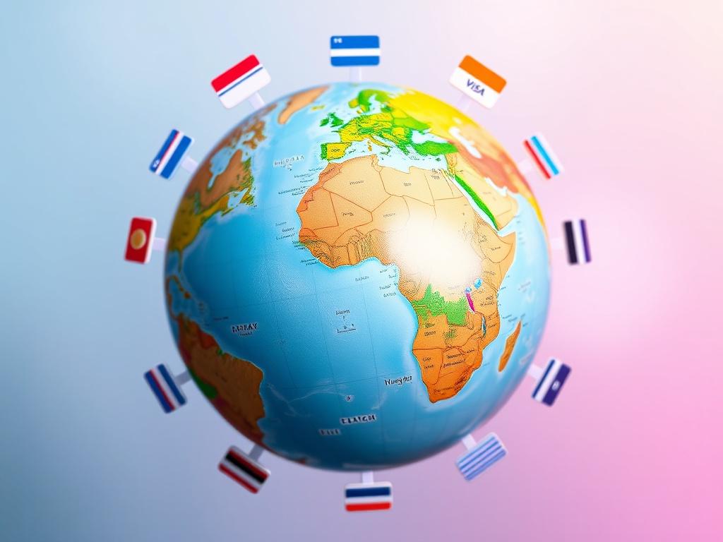 A high-resolution close-up shot of a globe with digital payment icons surrounding it, symbolizing international transactions. The globe should be depicted in vibrant colors, with a focus on the payment icons. The background should be a soft gradient, emphasizing the global reach of payment solutions.