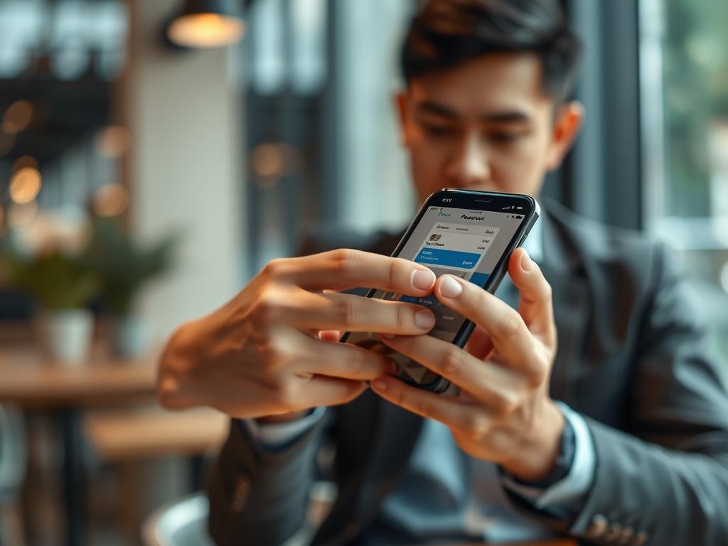 Create a highly realistic, high-resolution photo that embodies the blog title “Pay and Pay.” The composition should be simple and clear, featuring a single subject: a person holding a smartphone displaying a payment application interface. The individual should be a young professional, dressed in smart casual attire, with a focus on their hands interacting with the device. The background should be softly blurred to emphasize the smartphone, creating a bokeh effect that adds depth but ensures the subject rema
