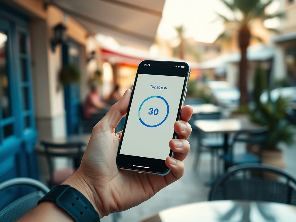 Create a highly detailed, hyper-realistic high-resolution photo that captures the essence of a modern digital payment method. The composition should focus on a single smartphone held in a person's hand, displaying a "tap to pay" interface. The phone should be sleek and contemporary, showcasing a user-friendly payment app. The background should be a blurred café setting in Cyprus, suggesting a vibrant atmosphere with soft natural light filtering through the outdoor seating area. In the distance, there are su