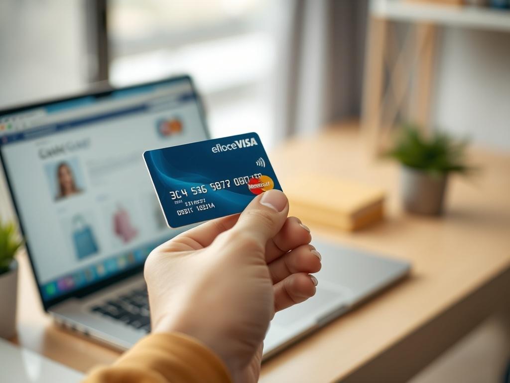 **AI Image Generation Prompt:**

Create a realistic high-resolution photo featuring an online checkout experience with a close-up view of a debit card being used for a transaction. The subject should be a person's hand, elegantly holding the debit card, showcasing either the Visa or MasterCard logo clearly without any text or other distractions. The background should be softly blurred, depicting a modern home office setup with a laptop and a subtle hint of a digital shopping website visible on the screen. T