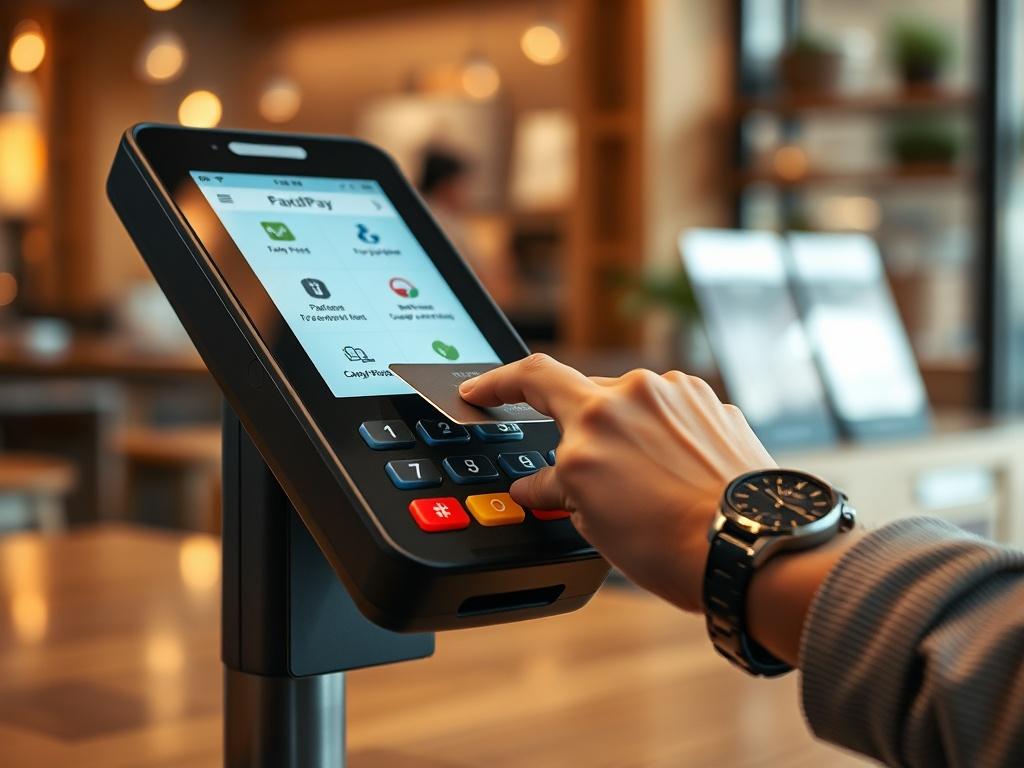 Create a realistic high-resolution photo that captures the essence of a blog titled "Pay and Pay." The composition should be simple and clear, featuring a single subject: a modern digital payment terminal in use. 

The payment terminal should be sleek and contemporary, showcasing a vibrant touchscreen display that illuminates various payment options. A hand, with a stylish watch, is poised to complete a transaction by tapping a contactless card on the terminal. 

The background should be softly blurred to e