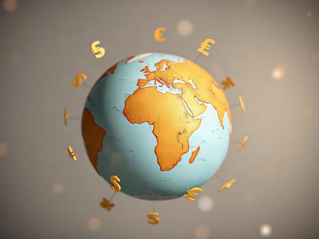 A close-up shot of a globe with various currency symbols surrounding it, symbolizing global transactions. The background is a soft gradient, creating a sense of connectivity and international reach.
