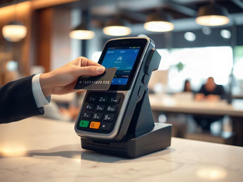 A close-up shot of a modern payment terminal on a sleek countertop, with a hand holding a credit card ready to make a transaction. The background is softly blurred, emphasizing the terminal, and has warm lighting to create an inviting atmosphere.