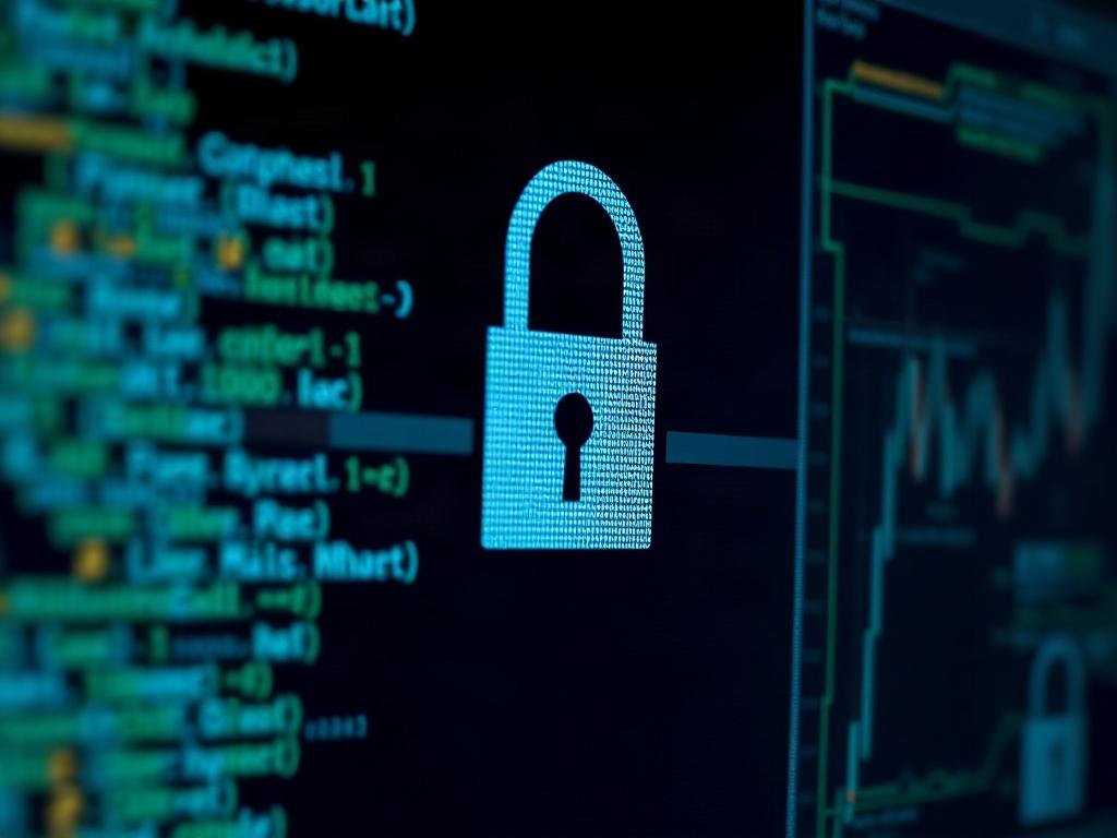 A close-up shot of a digital lock on a computer screen, symbolizing security in online transactions. The background is dark to highlight the lock, conveying a sense of safety and protection.