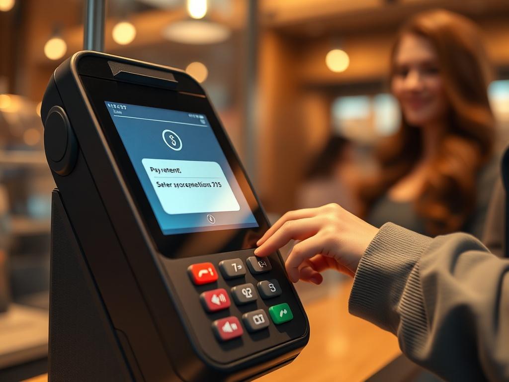 A close-up shot of a secure payment terminal with a sleek, modern design, showcasing a customer confidently making a payment. The background should be softly blurred to emphasize the terminal, with a warm, inviting atmosphere. The terminal's screen should display a secure payment confirmation, and the lighting should highlight the technology's sophistication. The color scheme should be compatible with rgb(85, 207, 216).