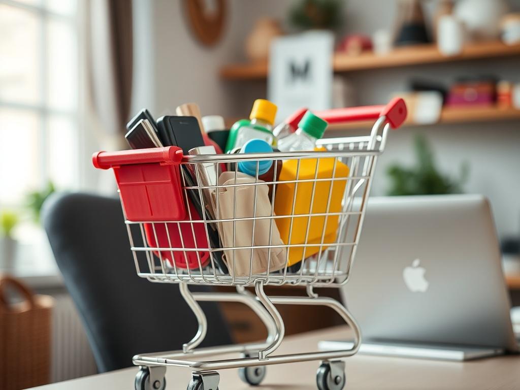 Create a realistic high-resolution photo depicting a close-up shot of an online shopping cart filled with various items such as electronics, clothing, and groceries, showcasing the concept of e-commerce. The cart should be sleek and modern, made of shiny metal with a bright red handle for visual contrast. Set the background to a softly blurred home office environment, subtly lit with natural light coming from a nearby window, highlighting a cozy workspace with a laptop and shopping-related paraphernalia in 