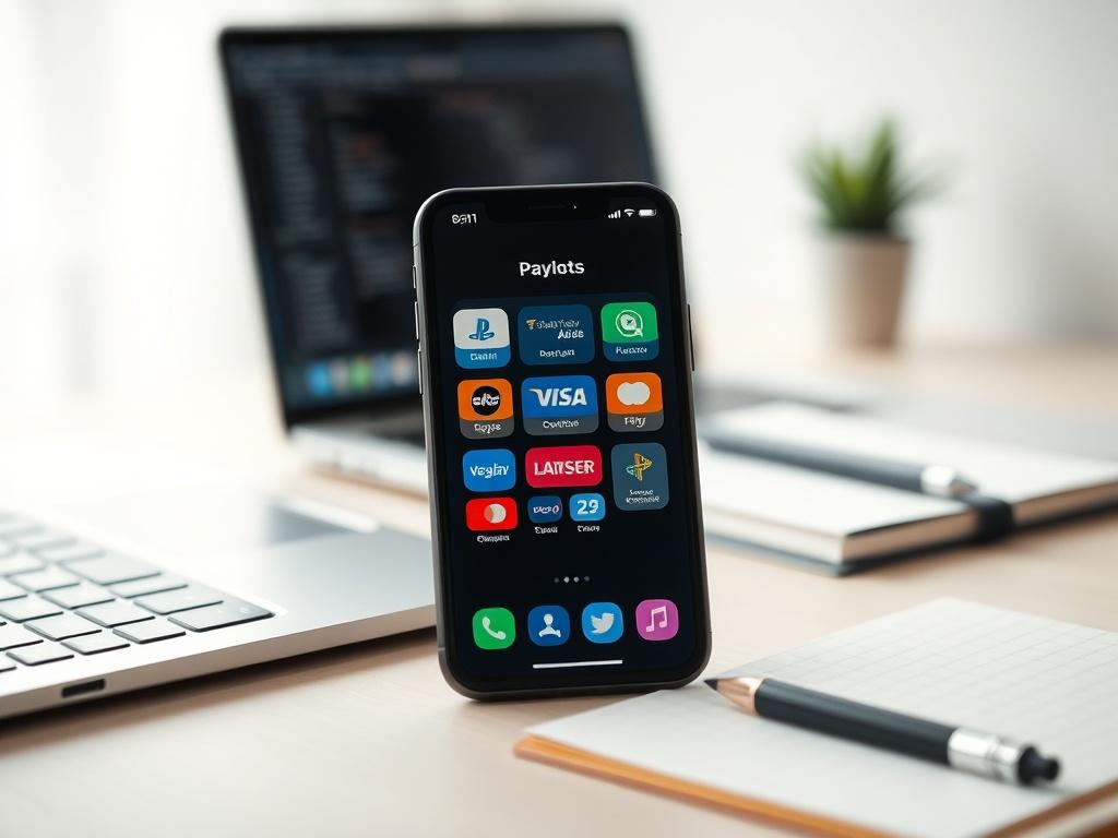 Create a realistic, high-resolution image that encapsulates the essence of payment platforms and gateways. The image should feature a close-up shot of a modern smartphone displaying a well-designed payment app interface, illustrating the ease of making secure transactions. The smartphone should be the single subject of the image, centered and positioned slightly to the right, showcasing the screen where vibrant icons for payment methods are clearly visible.

In the background, use a soft-focus, out-of-focus