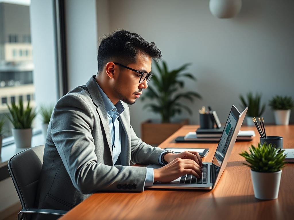 Create a realistic high-resolution photo of a professional-looking human (a diverse male or female financial consultant) engaging with a laptop in a modern workspace environment. The consultant should be sitting at a sleek wooden desk, focused intently on the screen where a payment gateway interface is visible. Soft natural light filters through a nearby large window, casting gentle shadows across the scene. The background should feature a minimalistic office decor with potted plants and organized stationer