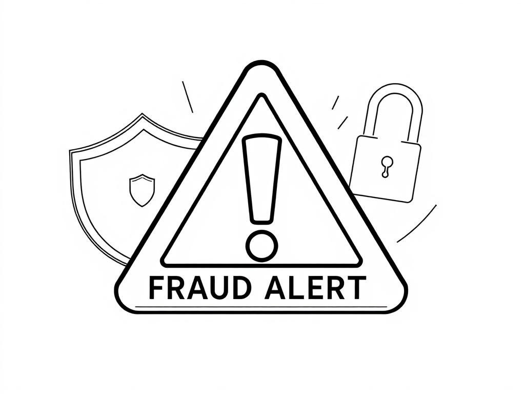 Create a high-quality black line drawing illustration that represents the concept of "Fraud Alerts." The image should feature a single, attention-grabbing subject: a large, stylized exclamation mark within a bold, triangular caution sign to symbolize alertness and caution regarding fraud. 

The exclamation mark should be prominent and positioned centrally within the caution sign, emphasizing the importance of staying vigilant against fraudulent activities. The caution sign should have clean, crisp lines, ra