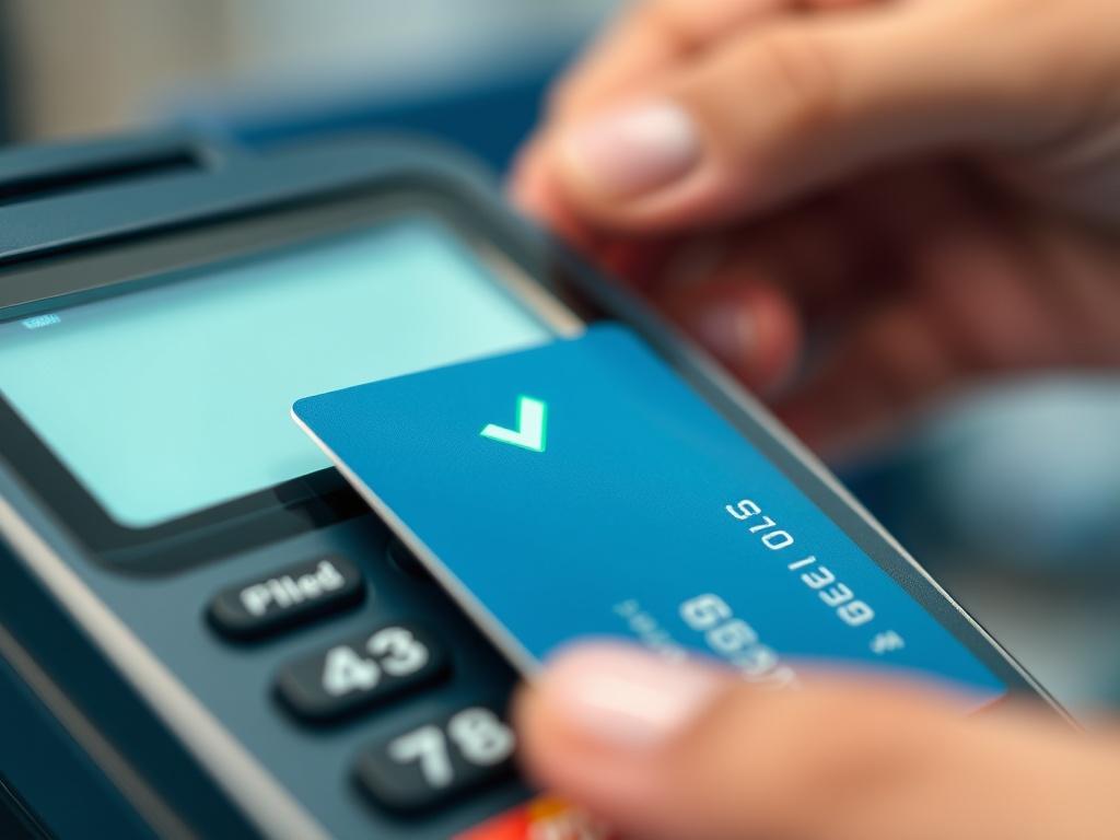 A high-resolution close-up shot of a secure payment terminal with a card being inserted. The terminal displays a green checkmark indicating a successful transaction. The background is softly blurred, highlighting the terminal and the card. The color scheme features shades of blue to create a professional and trustworthy atmosphere, compatible with the rgb(85, 207, 216) primary color.