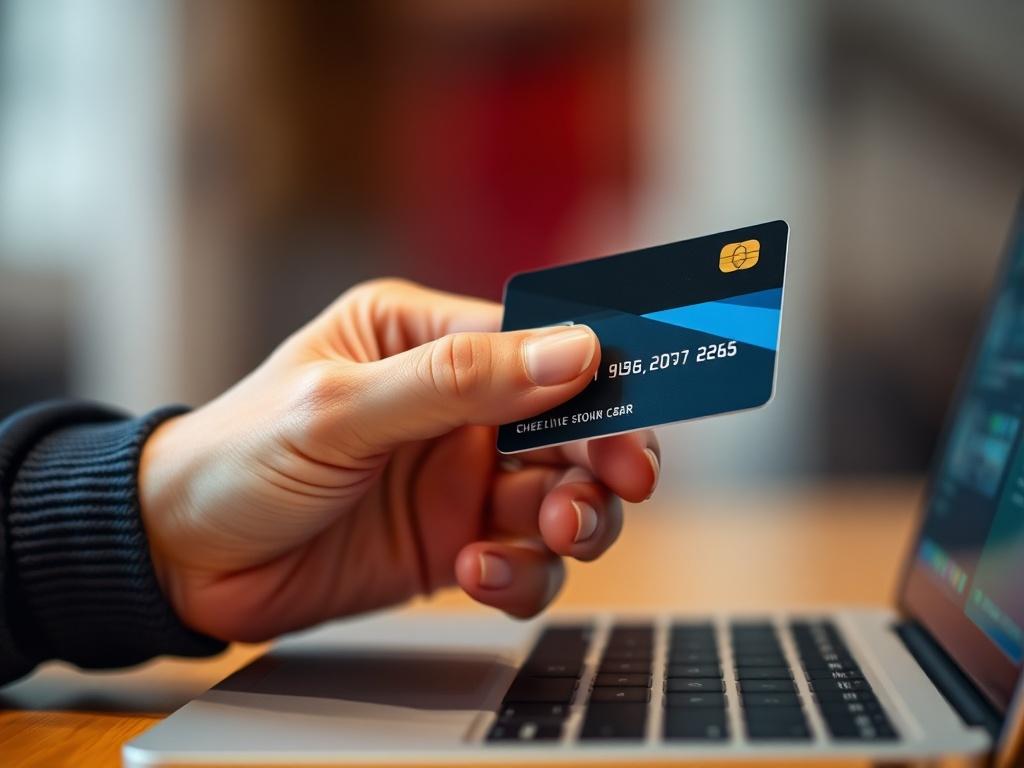 A close-up shot of a hand holding a credit card, emphasizing the act of making an online payment. The background should be softly blurred, focusing on the hand and card, creating a sense of urgency and action. The color scheme should align with rgb(85, 207, 216), enhancing the modern and digital feel. The composition should be simple and clear, with the card prominently displayed in the foreground.