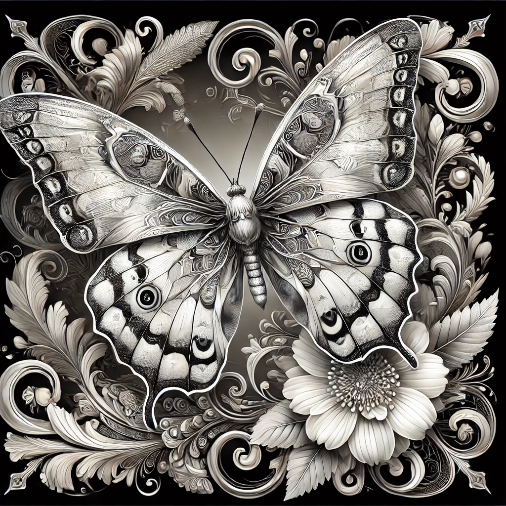 dall·e 2025-02-07 20.54.54 - a hyper-realistic grayscale illustration of a majestic butterfly with intricately detailed win.webp
