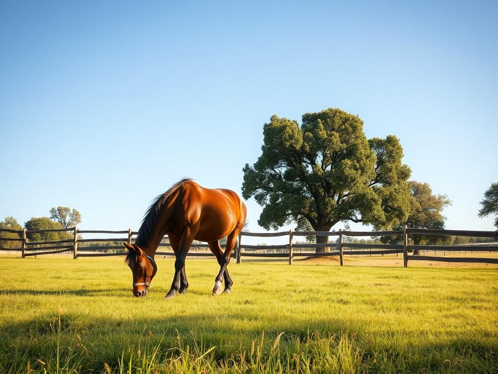 A rustic ranch setting with a single horse grazing peacefully in a green pasture under a clear blue sky. The background features a wooden fence and lush trees, capturing the essence of community and connection. The color palette should reflect earthy tones and natural textures, with warm sunlight enhancing the serene atmosphere.