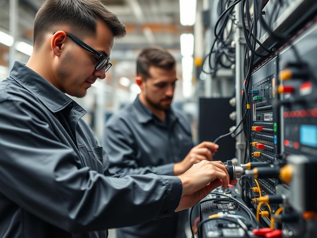 A realistic close up of technicians integrating industrial automation systems,