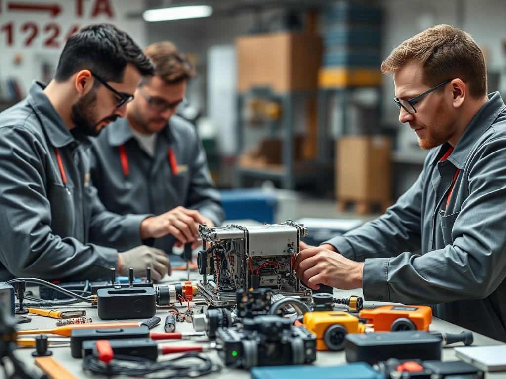 A realistic close up of engineers working on a prototype