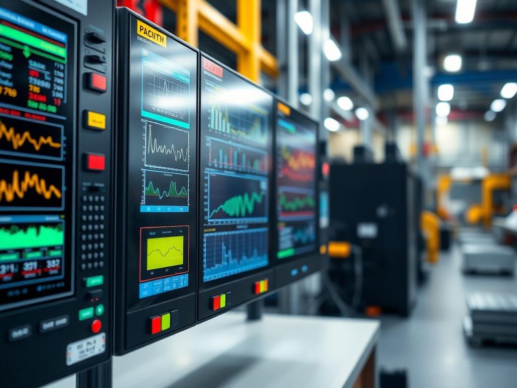 A realistic close up of an industrial automation control panel