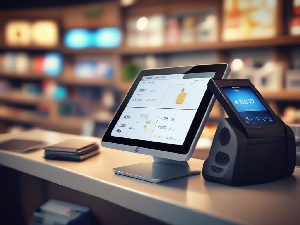 A close-up shot of a sleek, modern POS system on a retail counter, showcasing its touchscreen interface and accessories. The background is softly blurred to emphasize the device, with hints of retail products in the distance. The lighting is bright and inviting, highlighting the advanced technology of the POS system. The image should evoke a sense of professionalism and efficiency, compatible with the rgb(3, 125, 201) primary color.