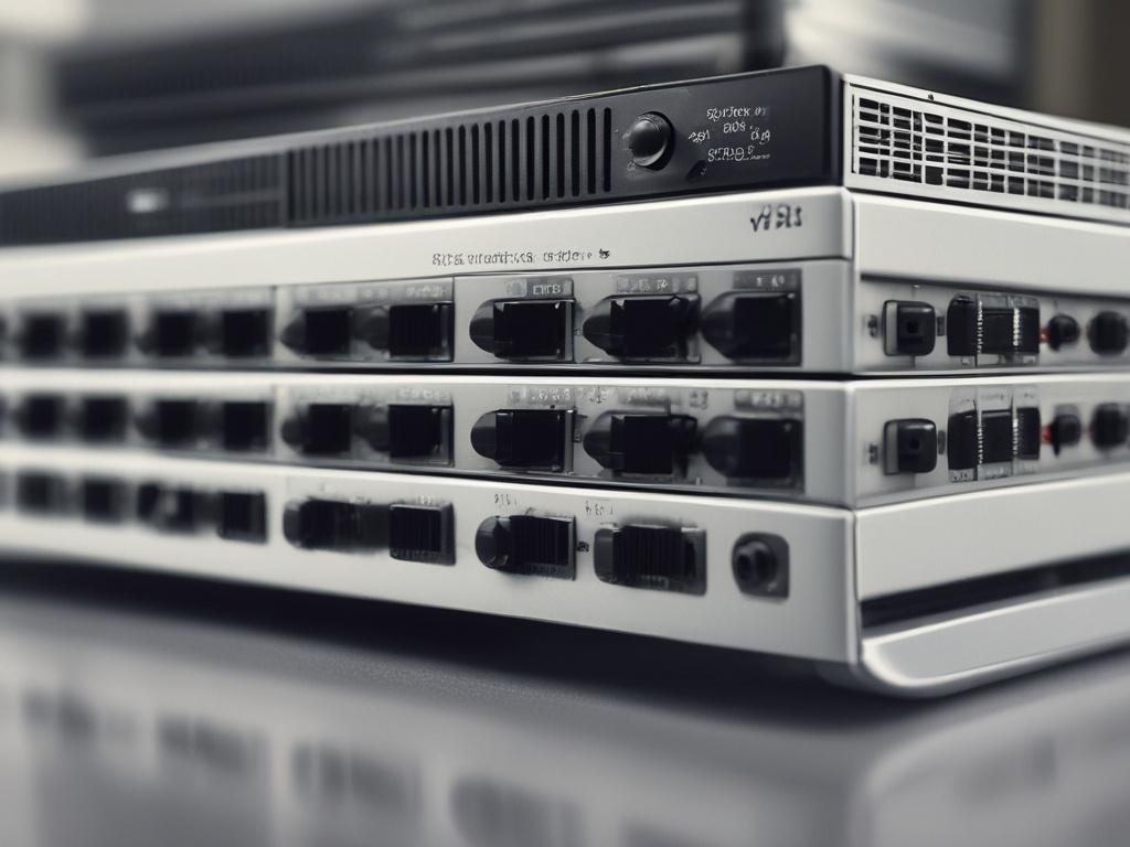 A high-resolution close-up shot of networking equipment, including routers and switches, arranged on a sleek workspace. The background is softly blurred, focusing on the details and connections of the devices. The lighting is bright, highlighting the modern technology. This image should reflect professionalism, efficiency, and connectivity, compatible with the rgb(3, 125, 201) primary color.