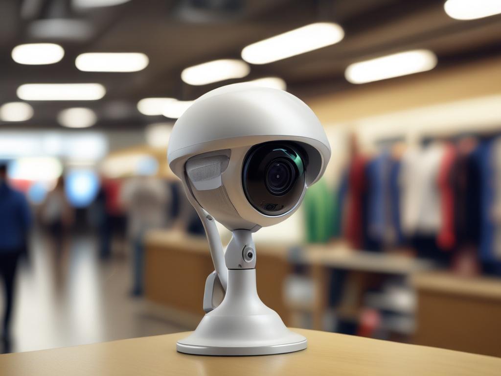 A close-up shot of a high-tech security camera mounted in a retail environment, showing its sleek design and features. The background is softly blurred, emphasizing the camera's details and highlighting its functionality. The lighting is bright, creating a sense of security and vigilance. This image should convey reliability and modernity, compatible with the rgb(3, 125, 201) primary color.