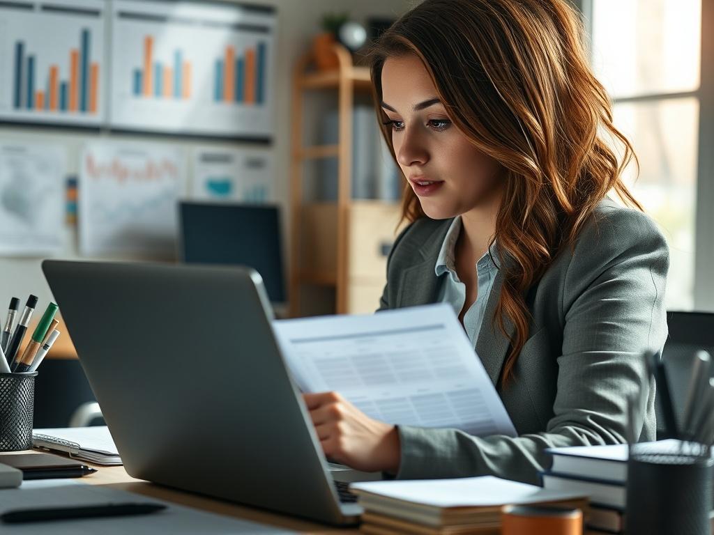 A close up shot of an account manager reviewing financial