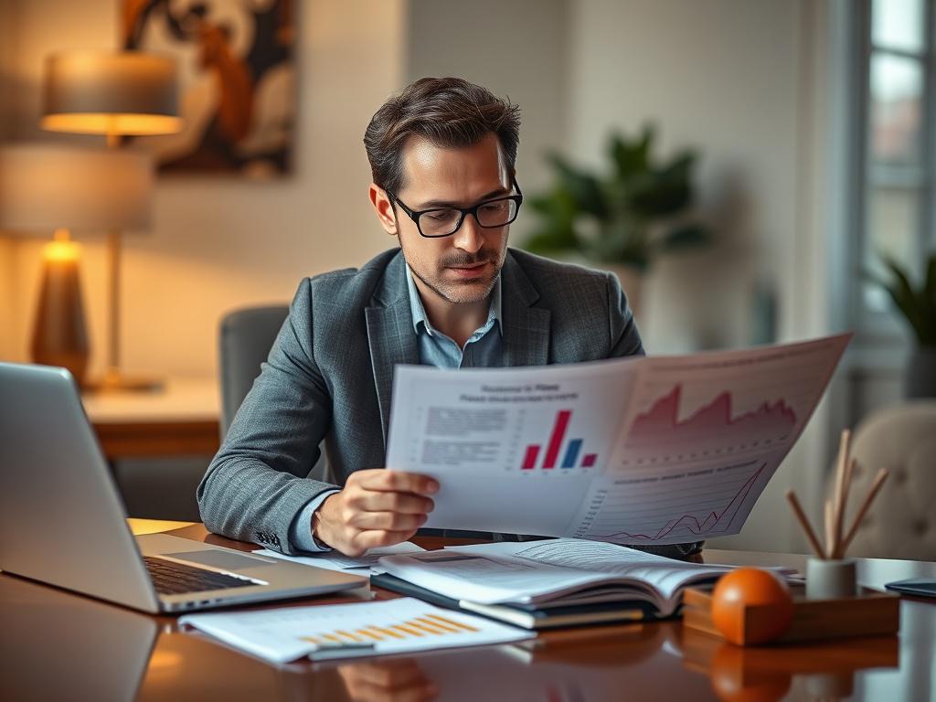 A close-up shot of a financial planner sitting at a stylish desk, intently reviewing a personalized budget plan. The planner is surrounded by a laptop, financial documents, and colorful charts. The background is softly blurred to emphasize the planner's focused expression. The overall color scheme should reflect a warm, inviting atmosphere with a touch of sophistication, featuring the primary color rgb(155, 2, 2). The image should be rendered in hyper-realistic detail, capturing the essence of financial emp
