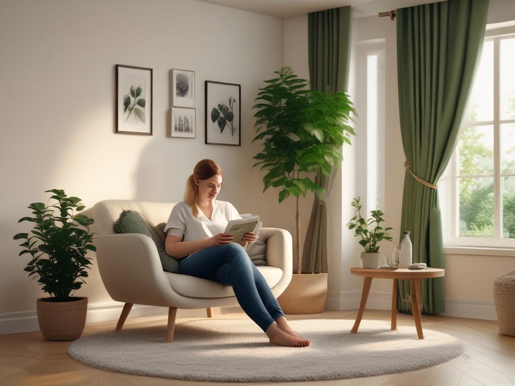 A cozy reading nook with a person sitting comfortably on a soft chair, reading a blog post on a tablet. The lighting is warm and gentle, with green plants in the background that harmonize with the rgb(4, 128, 50) primary color. The atmosphere is calm, inviting reflection and learning.