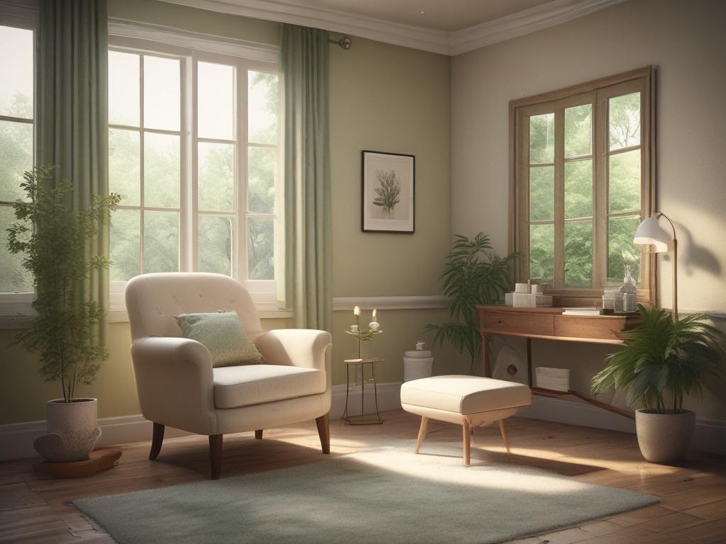 A serene therapy room bathed in soft natural light, featuring a comfortable chair and a small table with healing crystals and therapy books. The color palette includes gentle greens and earth tones, creating a peaceful and inviting atmosphere. A single person, appearing calm and reflective, sits ready for a coaching session, embodying hope and openness.