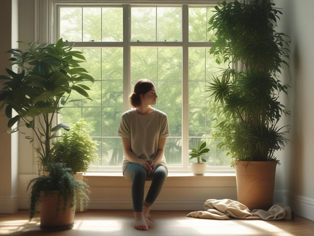 A focused individual sitting calmly in a softly lit room