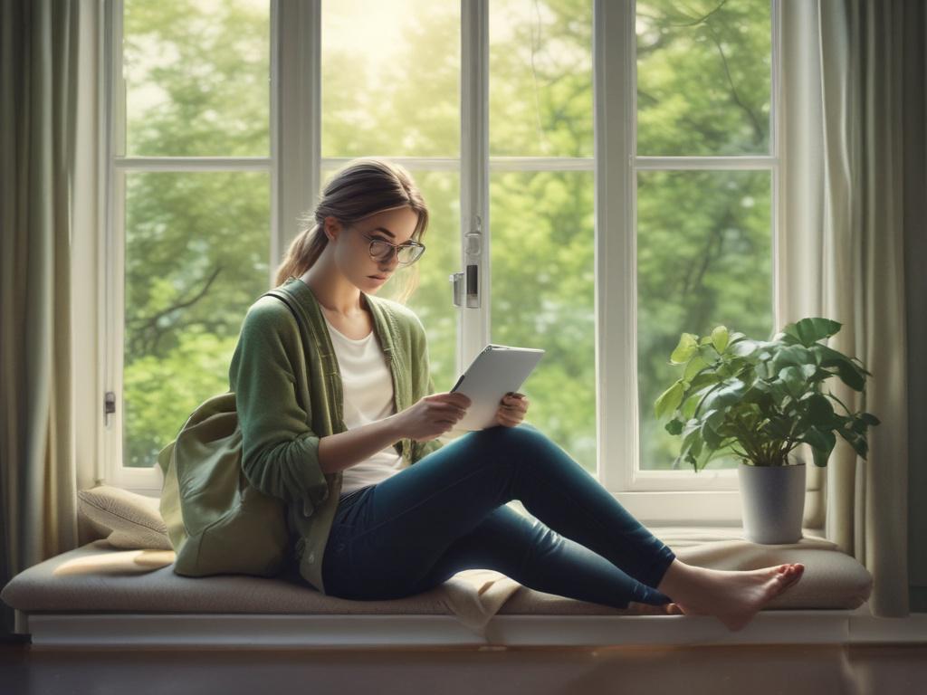A thoughtful individual reading a blog on a tablet, seated