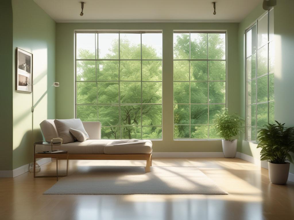 A serene, softly lit room with a calm individual seated