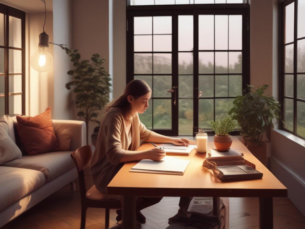 A serene scene of a person journaling in a cozy
