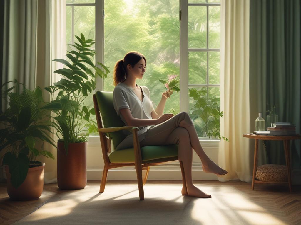 A person sitting comfortably on a soft armchair bathed in