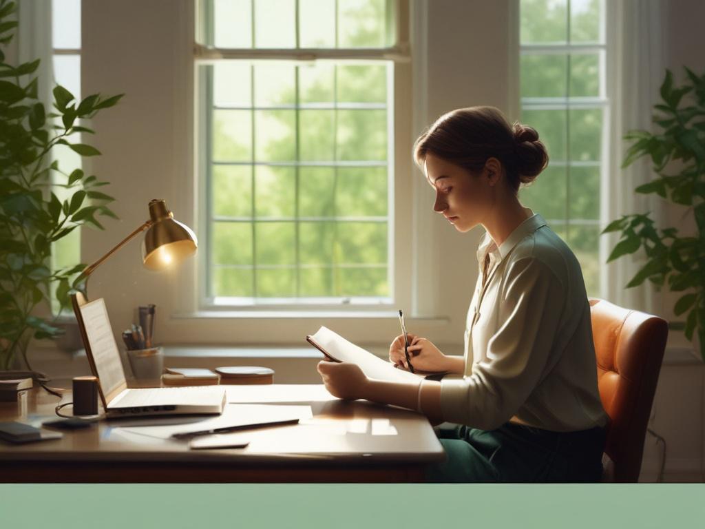 A calm, focused individual sitting at a cozy desk in
