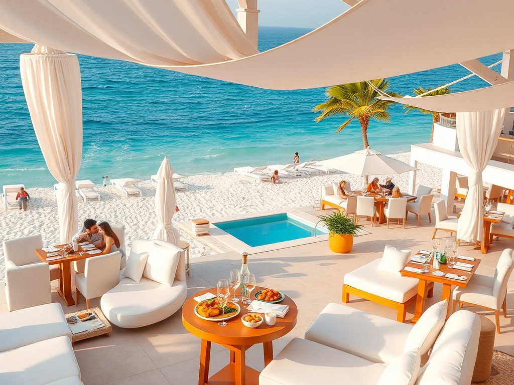 Luxury Mediterranean beach club with premium dining and coastal views