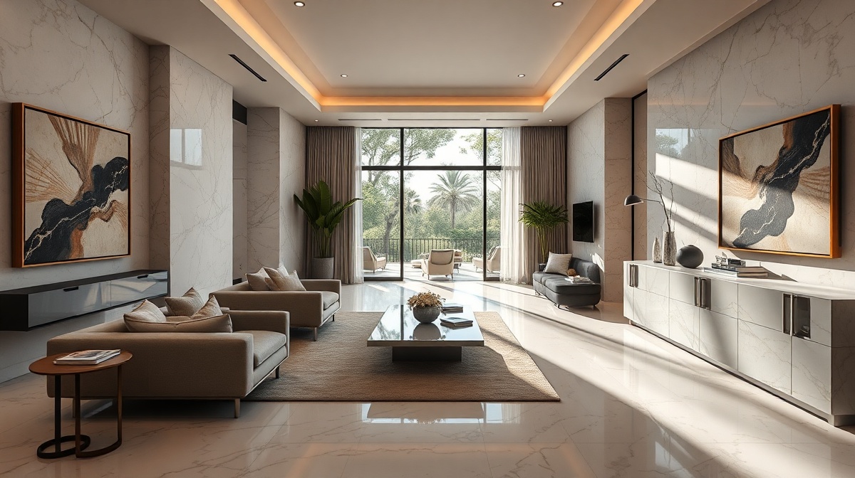 Upscale property interior with marble surfaces and Mediterranean light