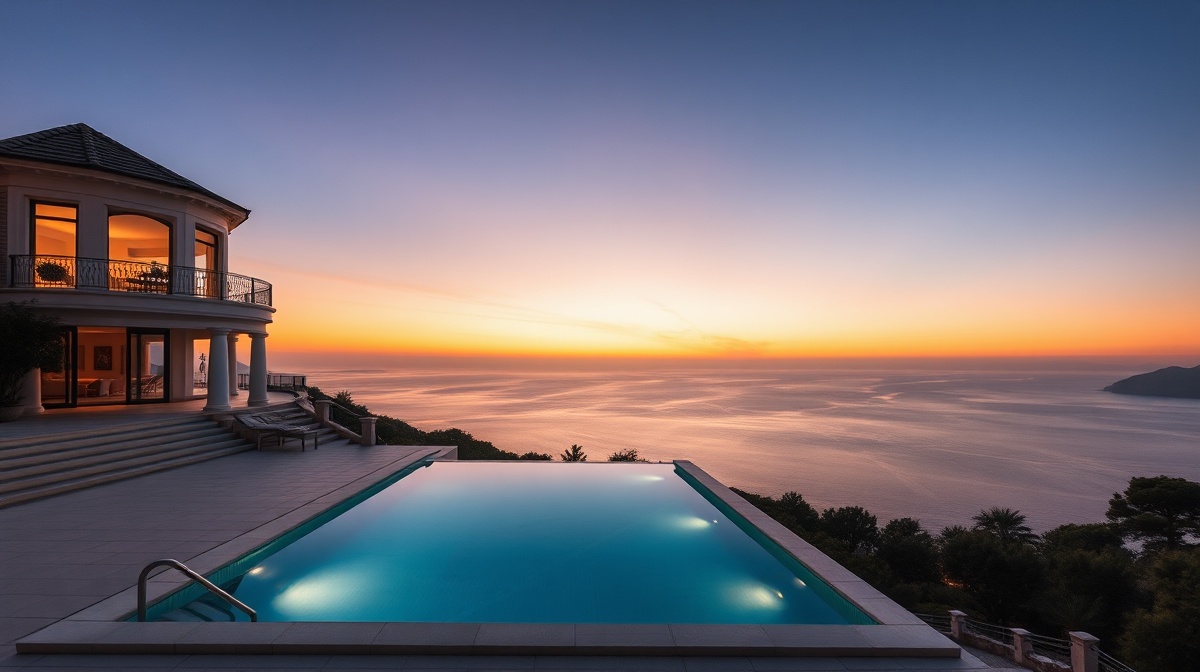 Luxury villa with infinity pool overlooking Mediterranean sea at sunset