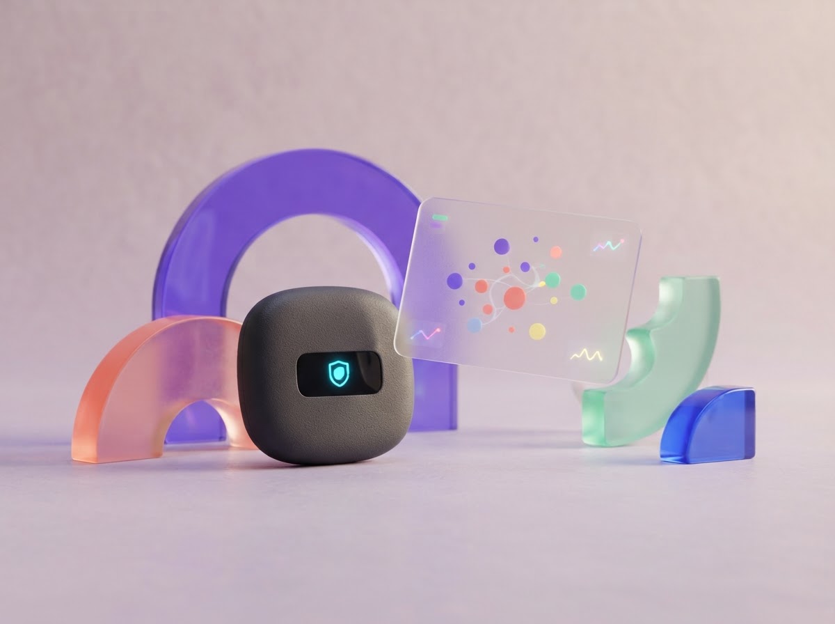 A Trezor-style hardware wallet beside a colorful, abstract portfolio display