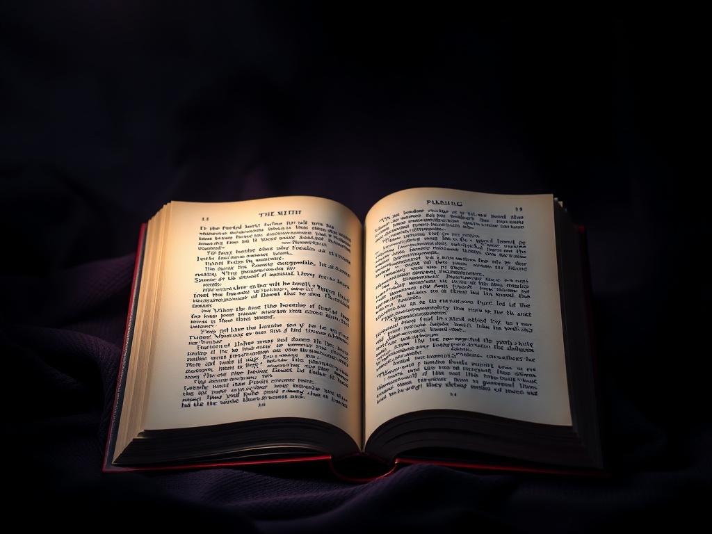 A high-resolution photo showcasing an open book with dramatic lighting, surrounded by deep shadows. The background features rich contrasts of black, purple, and pink, creating an intense atmosphere. The book's pages should be slightly turned, hinting at the stories inside, while a warm light illuminates the text, drawing the viewer's attention to the beauty of storytelling.