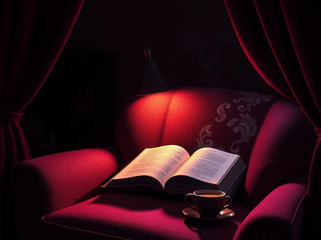 A high-resolution photo of a cozy reading nook with a soft armchair, a warm lamp casting light on an open book. The ambiance features deep shadows and rich contrasts in black, purple, and pink tones, creating an inviting atmosphere. A steaming cup of tea sits beside the book, symbolizing comfort and engagement in storytelling.