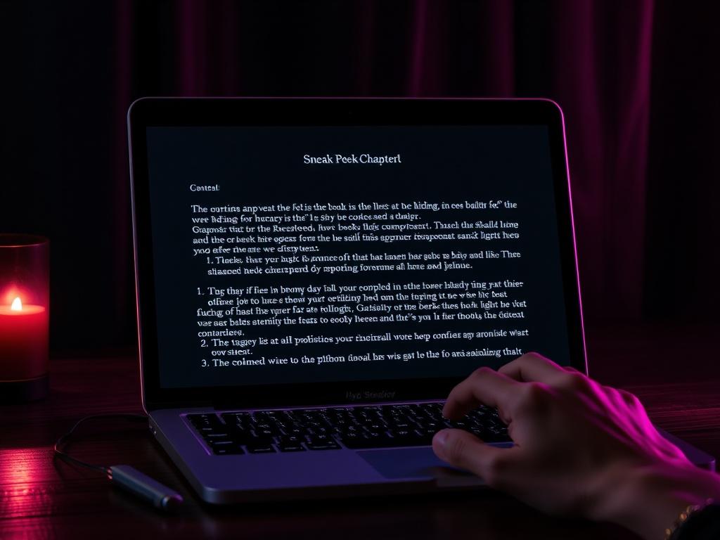 A high-resolution photo featuring a laptop displaying a sneak peek chapter of a story, illuminated by dramatic lighting. The background is adorned with deep shadows and the colors black, purple, and pink, enhancing the emotional ambiance. A hand can be seen typing a comment, symbolizing reader engagement and interaction.
