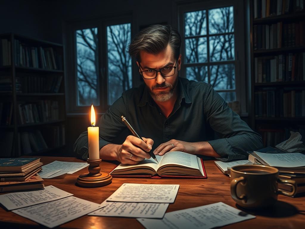 **Prompt for AI Image Generator:**

Create a realistic high-resolution photo that visually represents the blog titled "The Power of Short Stories." The composition should feature a solitary figure—a thoughtful writer—sitting at a wooden desk in a dimly lit room, immersed in deep contemplation, with a pen poised above a blank notebook. The subject should have an expressive demeanor, showcasing a range of emotions as they ponder over their thoughts. Surround the writer with tangible elements of creativity, su