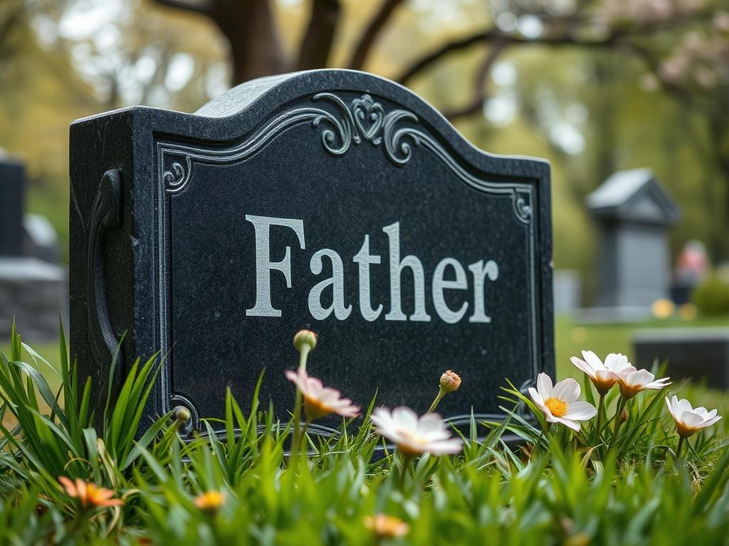 A realistic high-resolution photo of a headstone with the inscription 'Father' prominently displayed. The headstone should be made of dark granite with intricate carvings around the edges, set in a serene cemetery environment. Surrounding the headstone, there should be lush green grass, with a few blooming flowers in soft pastel colors, creating a peaceful and respectful atmosphere. The background should feature soft, blurred trees, hinting at a tranquil setting.