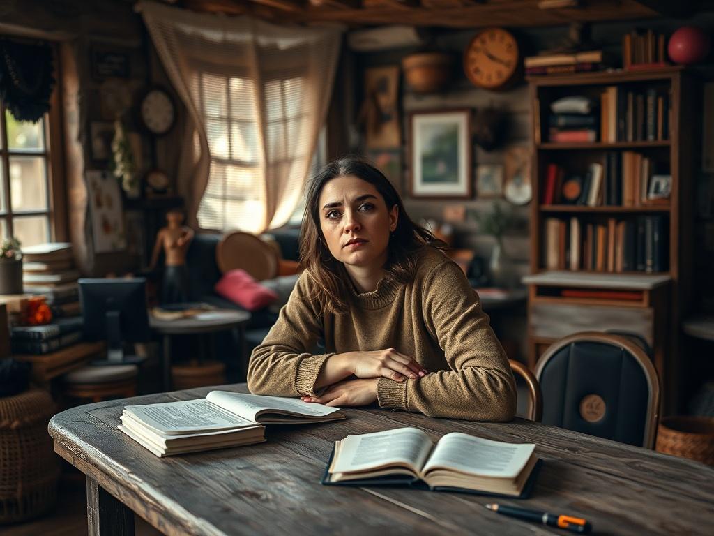 A thoughtful person sitting at a rustic wooden desk, surrounded by books and a notepad, deep in contemplation. The person has a serene expression, with a soft light illuminating their face. In the background, a warm, inviting room filled with earthy textures and natural tones creates an atmosphere of creativity and inspiration. The color scheme includes shades of black, purple, and pink subtly integrated into the decor.