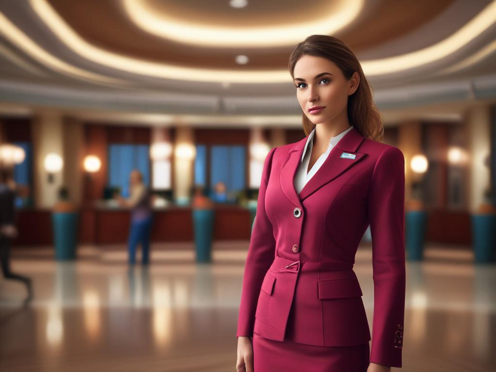 An elegant woman in a stylish air hostess uniform, standing