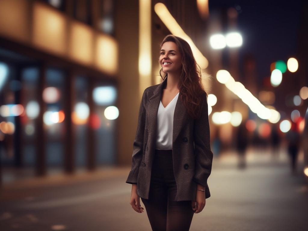 A stunning young woman in a stylish outfit, smiling and